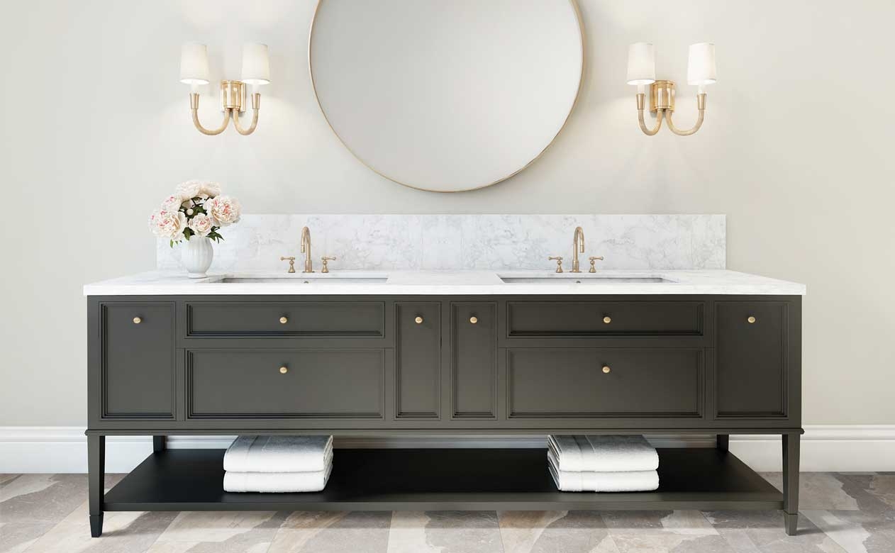 stone look large format oversized tile in bathroom with dark brown vanity and marble stone countertops